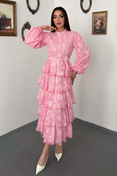 Clothes Fast Women's Pink Long Dress with High Collar, Buttoned Belt, Flounce...