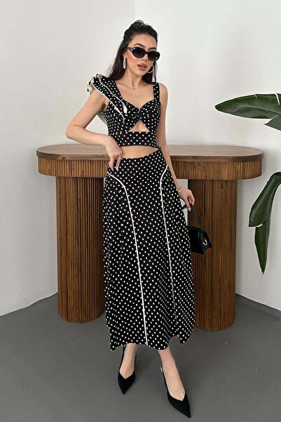Moda Days Γυναικεία Μαύρη Μπλούζα και Φούστα Σετ Πουά με Βολάν, Χαμηλό Ντεκολ...