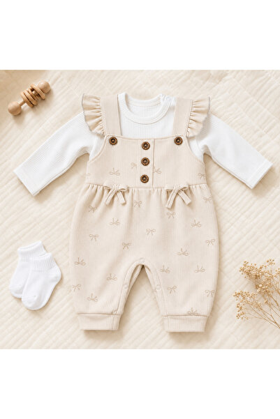 MYZİ STORE Baby Girl Bow Patterned Powder Salopet and Long Sleeve Bodysuit 3-...