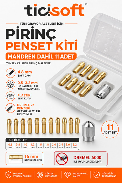 Ticisoft Gravür Aletleri İçin Pirinç Pens Seti Penset Kiti 0,5–3,2 mm 11 Parç...