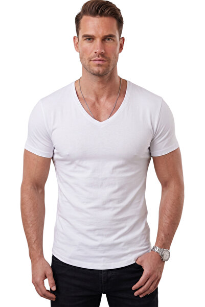 DeepSEA White Men's Slim Fit Deep V-Neck Basic T-Shirt 90% Cotton Lycra Asymm...