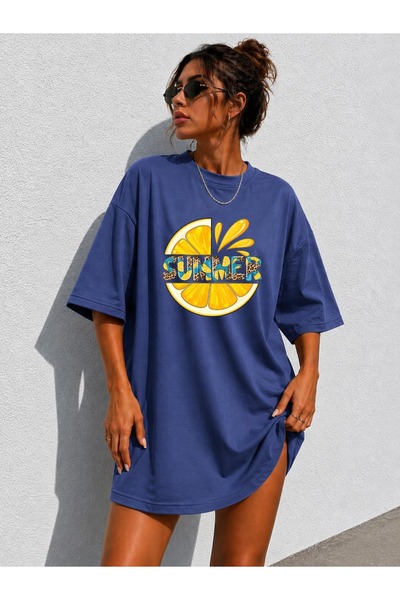 classy moda تي شيرت نسائي طويل جدًا بنقشة الليمون والفهد وطباعة "Summer" بمقا...