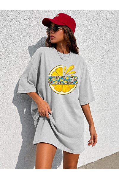 classy moda تي شيرت نسائي طويل جدًا بنقشة الليمون والفهد وطباعة "Summer" بمقا...