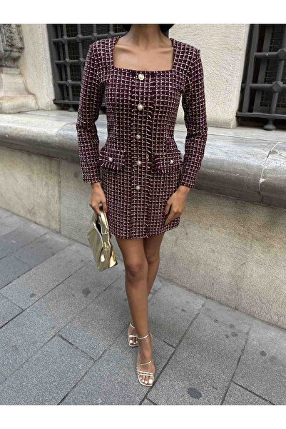 Moda Days Women's Burgundy - Bordo Square Neck Button Detailed Plaid Textured...