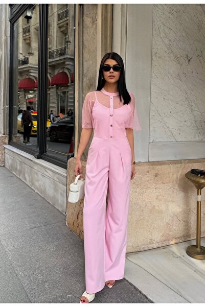 Moda Days Women's Pink - Pink Tulle Buttoned Round Neck Short Sleeve Wide Leg...