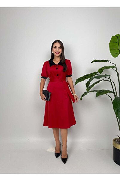 Clothes Fast Γυναικείο ΚΟΚΚΙΝΟ φόρεμα μίντι με γιακά σε αντίθεση, κουμπιά, κο...