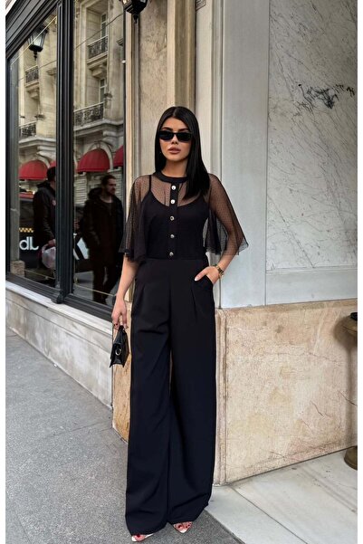 Moda Days Women's Black - Black Tulle Buttoned Round Neck Short Sleeve Wide L...