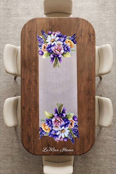 Lavender Çiçek Buketi Desenli Lamineli Cut Runner -Lazer Kesim