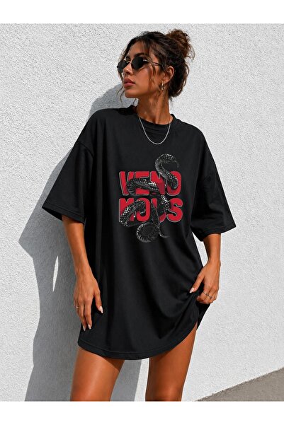 classy moda Γυναικείο μπλουζάκι με στάμπα γραμμάτων και φιδιού, oversized, εξ...
