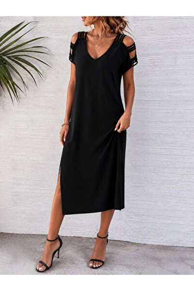 Beruflic Women's Short Sleeve Stripe Detailed Side Slit Viscose Dress