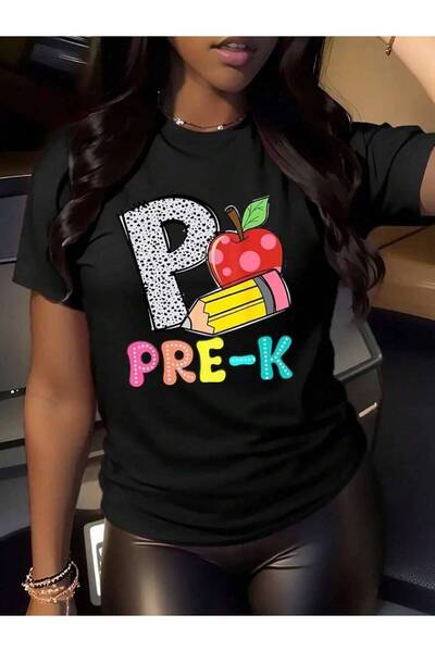 23ERVA PreK Teacher Apple Pencil Graphic Print T Shirt 220g 1pcs Women's Casu...