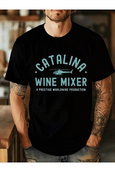 LİNA06 Men's Black "Catalina Wine Mixer" Helicopter Graphic Short Sleeve T-Sh...