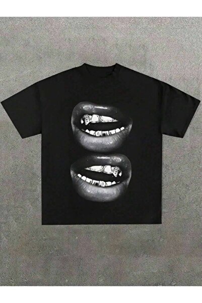 LİNA06 Grill Lips Funny Graphic Tee Shirt, Casual Soft, Pattern Printed T-Shirt