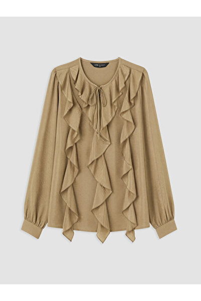 LC Waikiki Lcw Modest Khaki Tie-Neck Ruffle Blouse