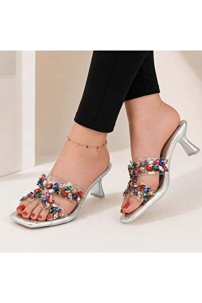 mtz Women’s Rhinestone Heeled Sandals, Square Open Toe Clear Strap Slip-On Mu...