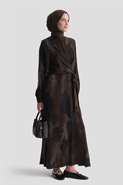 Armine Patterned Kupra Effect Dress Bitter Brown