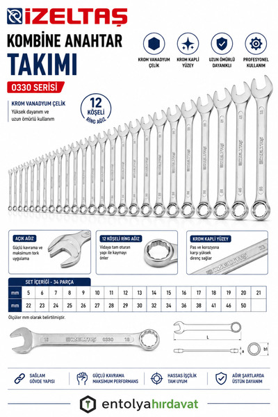 İzeltaş Uzun Boy Kombine Anahtar Takımı 33 Parça (5-50 mm)