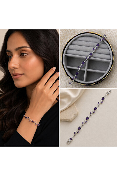 FM 💎   Premium Shiny Purple Stone Leaf Detailed Elegant Women's Bijouterie B...