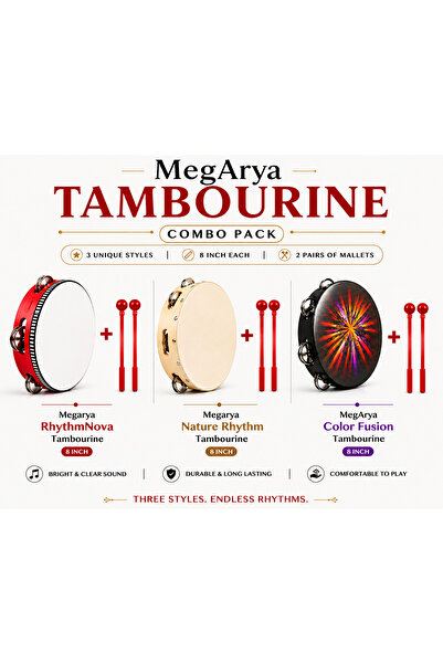 MegArya 8 Inch Tambourine Combo Pack with 3 Tambourines & 6 Red Mallets