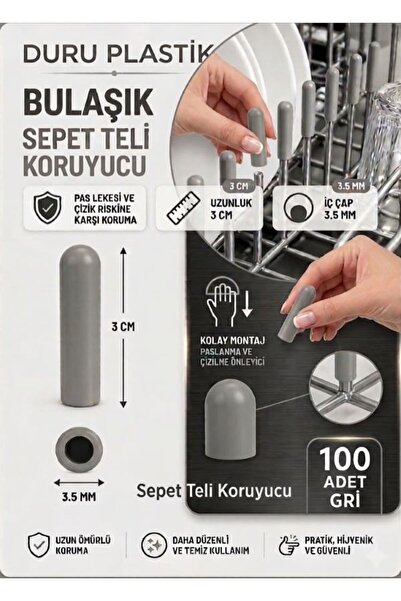 DURU PLASTİK 100 Adet Gri - Bulaşık Makinesi Sepet Ucu Plastik Kapak - Pas ve Çizilme Önleyici Koruyucu - Tamir Seti