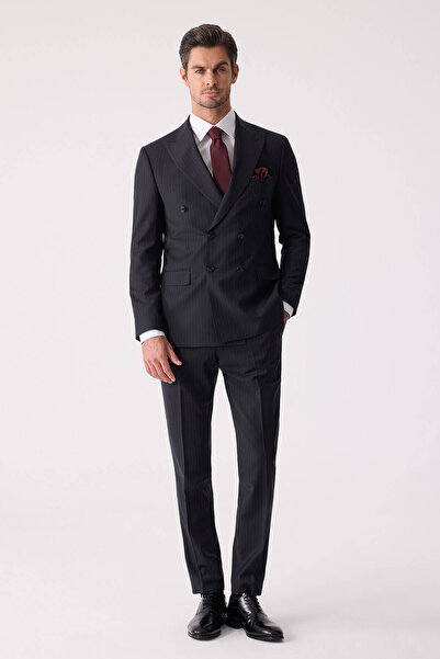 Ysf Erkek Lacivert Çizgili Slim Fit %100 Yün Çizgili Kruvaze Takım Elbise