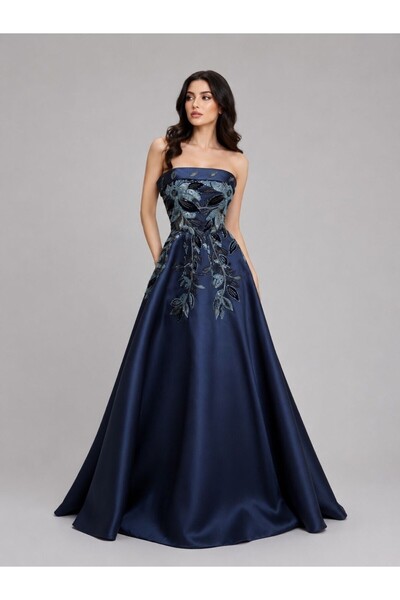 ranin Navy Blue Evening Dress Mikado Kleva Embroidery with a Cloche Tail