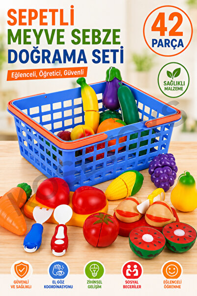 kosetoys 42-Piece Set of Cuttable Fruits and Vegetables with Basket