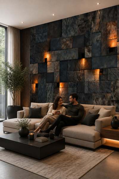 WALLORA 3D Taş Desenli Duvar Kağıdı Antrasit Taş Görünümlü Modern Dekoratif D...