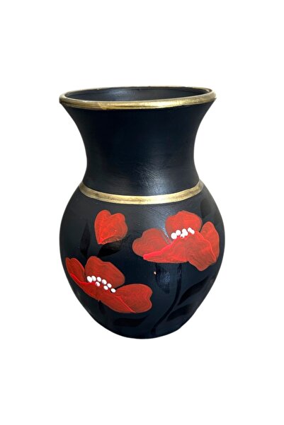 Ceramica Martinescu Vaza ceramica neagra pictata manual cu maci 20 cm - obiec...