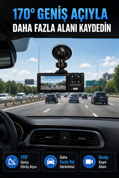 Genel Markalar WiFi Destekli Araç İçi Kamera Çift Kameralı Full HD 1080P 170°...