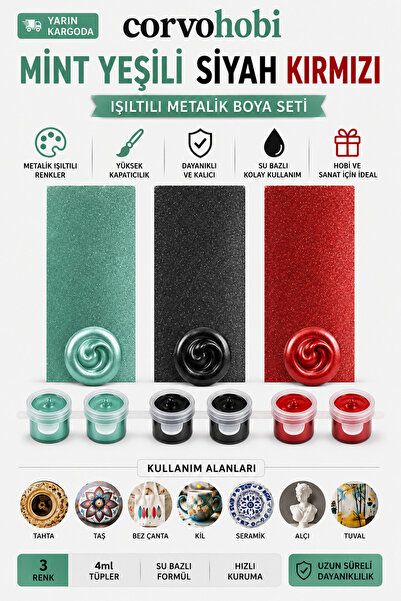 corvo hobi Akrilik Boya 3ml, Metalik Akrilik boya Mint Yeşili, Siyah, Kırmızı...