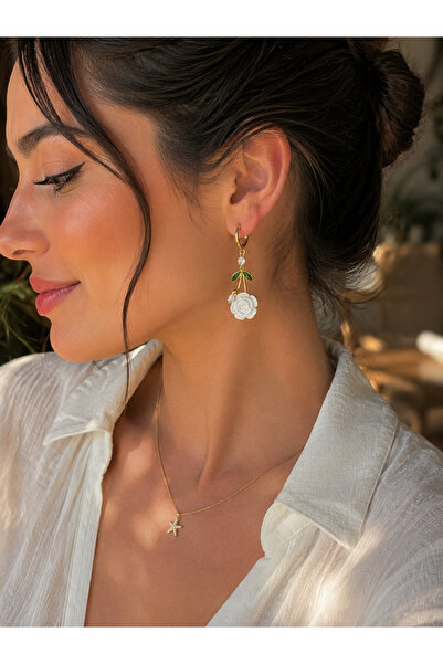MODA Maisonlune White Rose Figured Gold Color Zircon Stone Dangle Earrings fo...