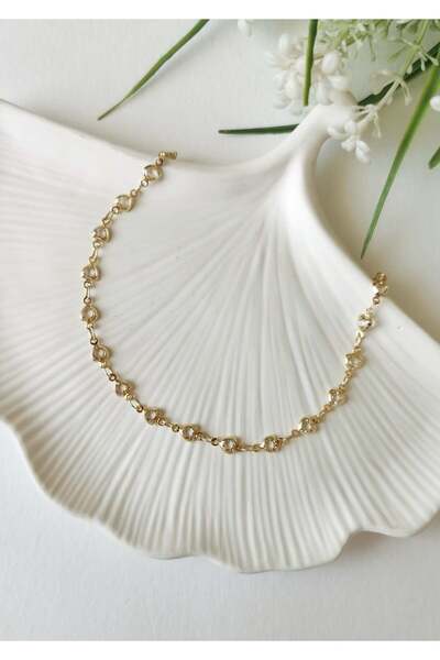 Halley Concept White Heart Stone Detailed Gold Steel Anklet 23+5 cm