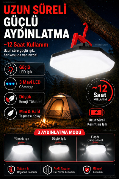 nelerbulurum Şarjlı 3 Modlu, 360° Döner Askılı 12 Saate Kadar Aydınlatma Şarjlı Mini Kamp Lambası El Feneri Bahçe Aydınlatma Bağ Bahçe Köy Karavan Aydınlatma