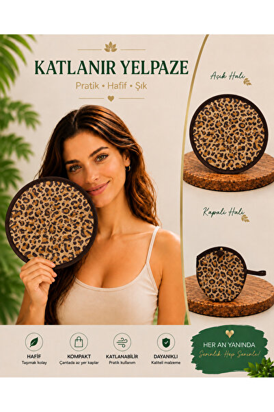 PULİNİN DÜKKANI Katlanır Yelpaze – Zürafa Desenli Pembe Kenarlı Taşınabilir M...