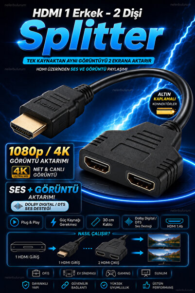 nelerbulurum HDMI 1 Erkek 2 Dişi 4K 30Hz 1080p 60Hz Ses ve Görüntü Aktarıcı –...