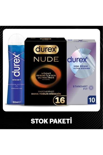 Durex Prezervatif Stok Paketi Nude 16’lı + Ultra Kaygan 10’lu + Hisset Jel 50 ml