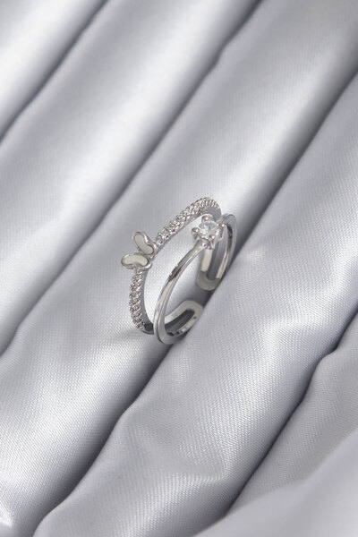 DMR Elegance Brass Silver Color Zircon Stone Butterfly Model Women's Ring