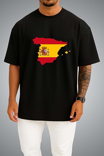 Bahriyeli Collection Oversize Spain Flag and Map Chest Printed Unisex T-Shirt