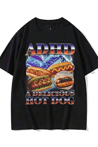 k222 ADHD A Delicious Hot Dog Funny Food Meme T-Shirt Women Vintage TShirt Co...