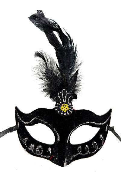 OSKA GLOBAL Black Color Feathered Black Suede Covered Party Prom Mask 20X16 cm