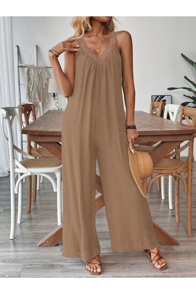 Şeker Portakalım Women's Akılı V Lace Collar Wide Cut Detailed Viscose Jumpsuit