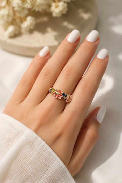 Duiwerlis Women's Design Enamel Sakura Flower Stone Ring Hand-Painted Adjustable Gold Color Jewelry