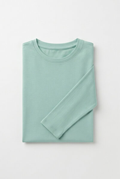 KİAGU Tricou pentru băieți Basic Mint, cu mânecă lungă, 100% bumbac, cu decol...
