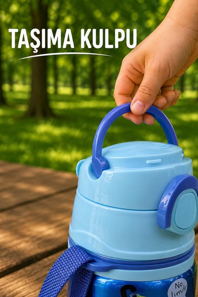 M&B WATER BOTTLE Metal Ayıcık Motifli Pipetli Çocuk Matarası - 600 ML Kilitli Kapaklı Askılı Suluk