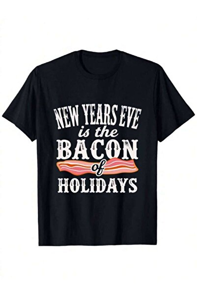 kai22 تي شيرت بطباعة "The Bacon Of Holidays" للرجال والنساء، أسود بأكمام قصير...