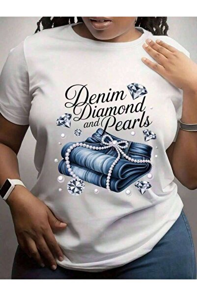 9JY Women'S Denim Diamond & Pearls Pattern Graphic Tee Chic Office Casual Top...