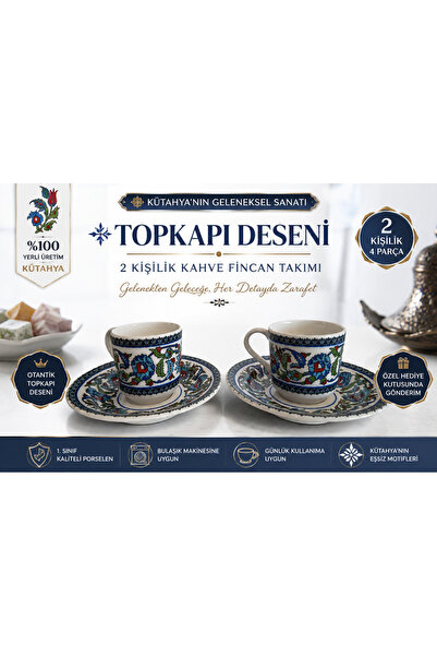 Genel Markalar Kütahya Topkapı Desenli 2 Kişilik Porselen Türk Kahvesi Fincan...