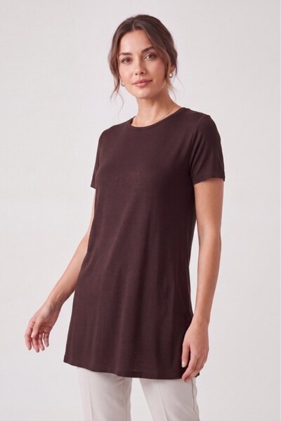 Betimoda Women's Four Seasons Crew Neck Short Sleeve Viscose Short Tunic Brown