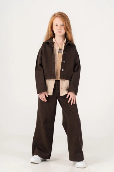 GİYİCEM TEKSTİL Girl's Basic Linen Jacket, T-Shirt and Pants 3-Piece Combinat...